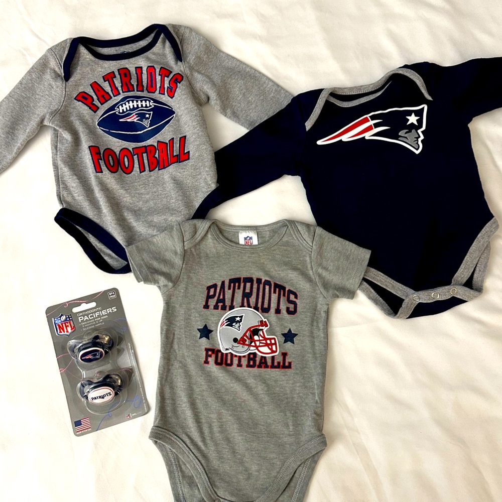 NFL Patriots - Baby Clothes Batch - Three Onesies (3-6mo), Pacifer, Infant Hat